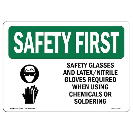 Signmission OSHA Sign, Glasses And Latex Nitrile W/ Symbol, 14in X 10in Rigid Plastic, 14" W, 10" H, Landscape OS-SF-P-1014-L-10911
